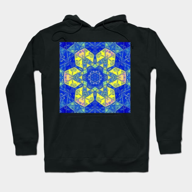 Mosaic Mandala Blue and Yellow Hoodie by WormholeOrbital